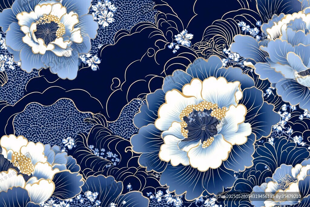 藍白牡丹云紋國風圖案