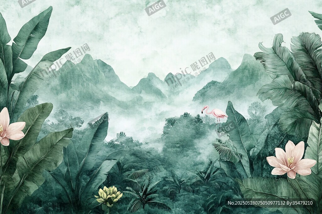 夢幻雨林中的山景與花卉