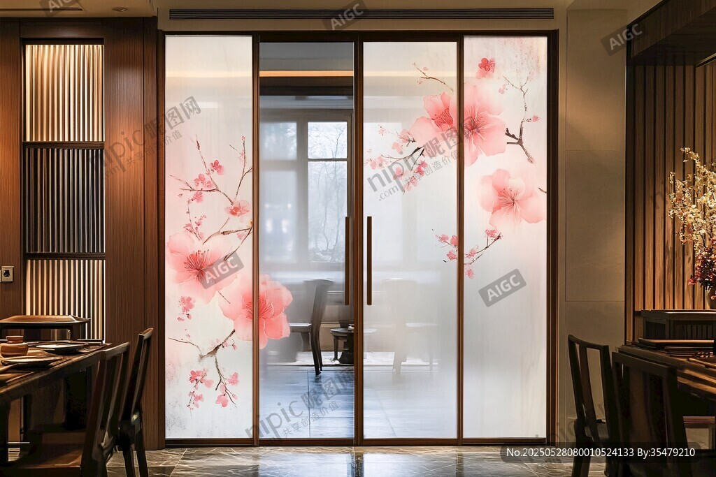 中式桃花圖案玻璃推拉門