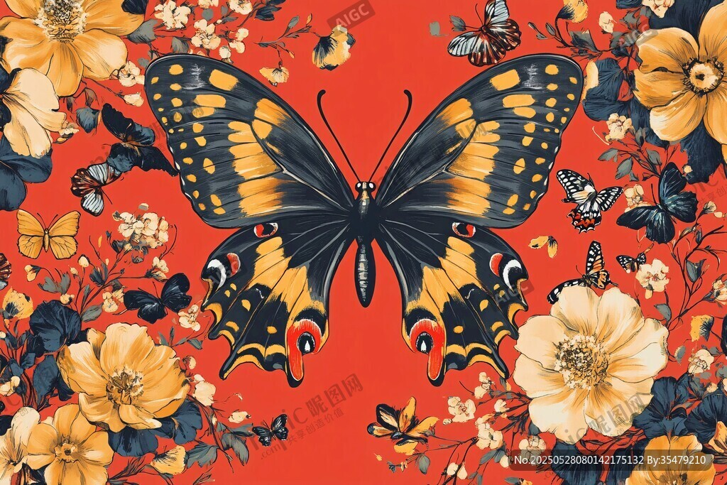 紅底蝶花圖