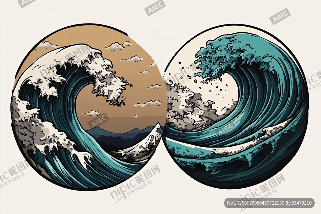 雙幅圓形海浪藝術插畫