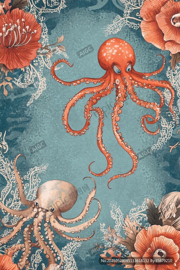 夢幻海洋章魚花卉插畫