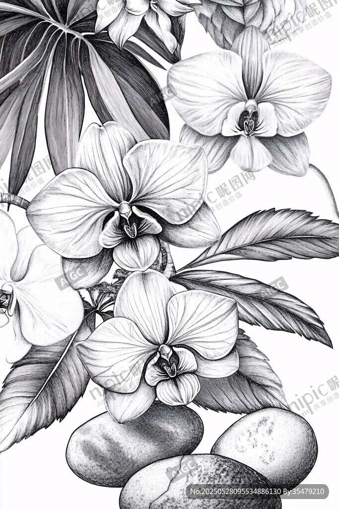 黑白花卉與鵝卵石插畫