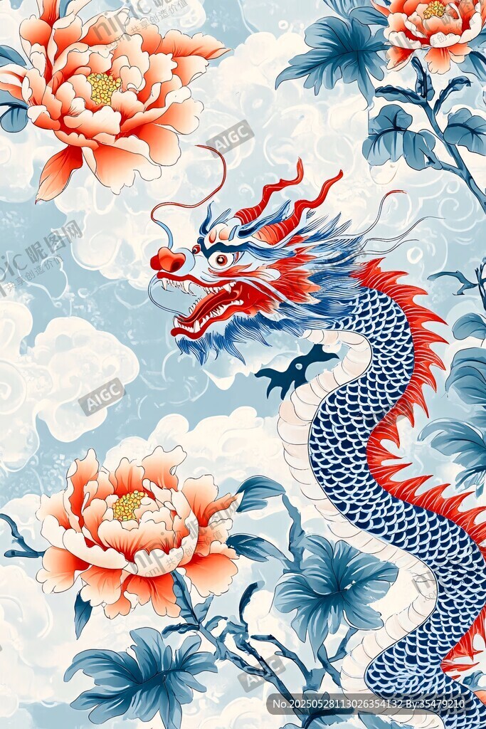 龍戲牡丹中式祥瑞圖案