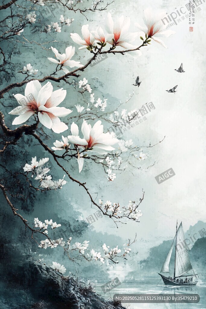 玉蘭花畔江景詩意畫卷