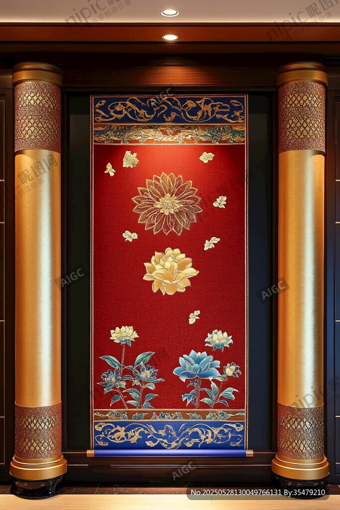 中式紅底金紋花卉裝飾畫
