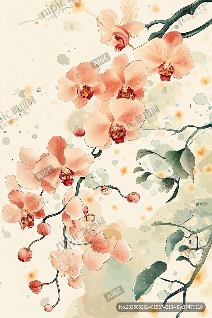 水墨風粉色蝴蝶蘭花卉圖