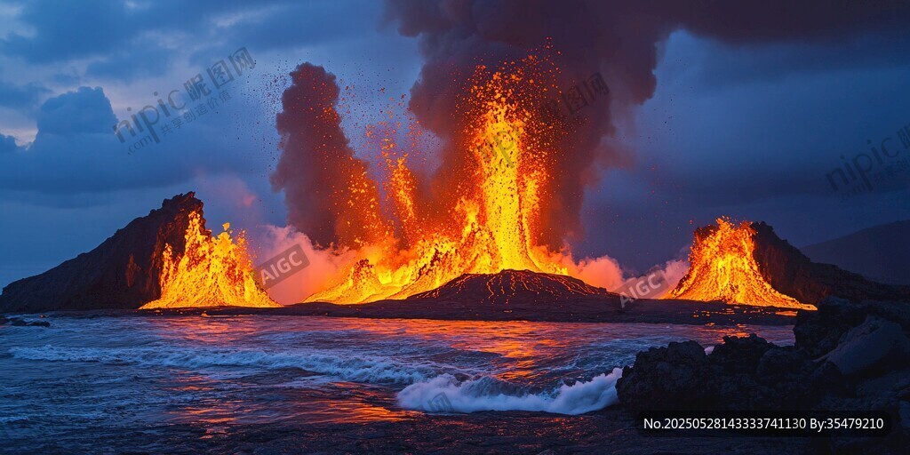 火山噴發(fā)于海邊壯麗景觀
