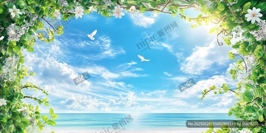 夏日海邊繁花綠植美景