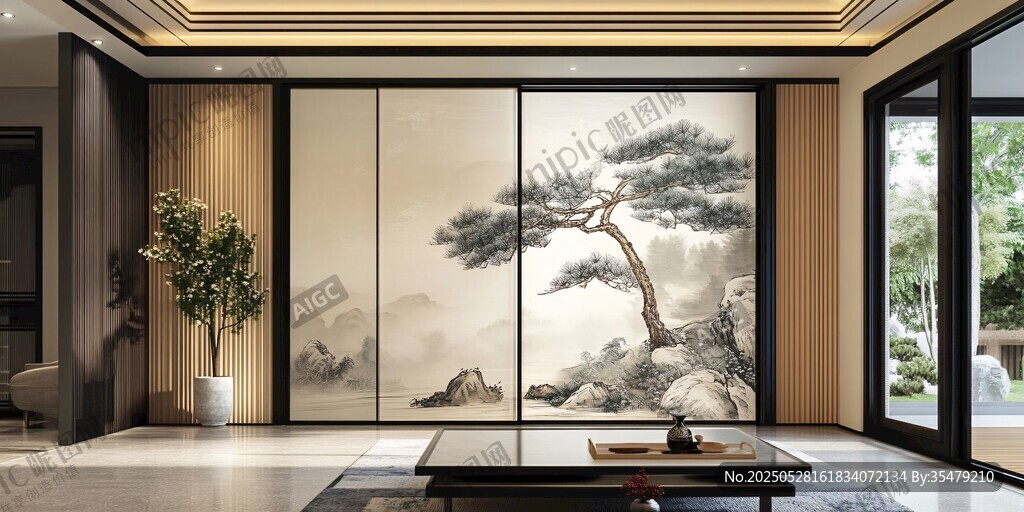 中式客廳松景壁畫裝飾美