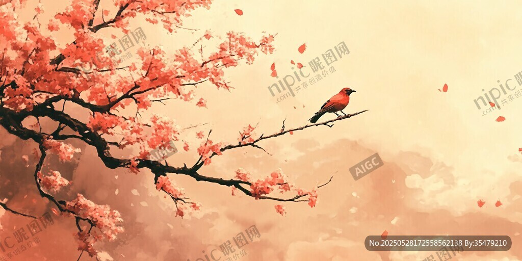 枝頭紅鳥伴繁花