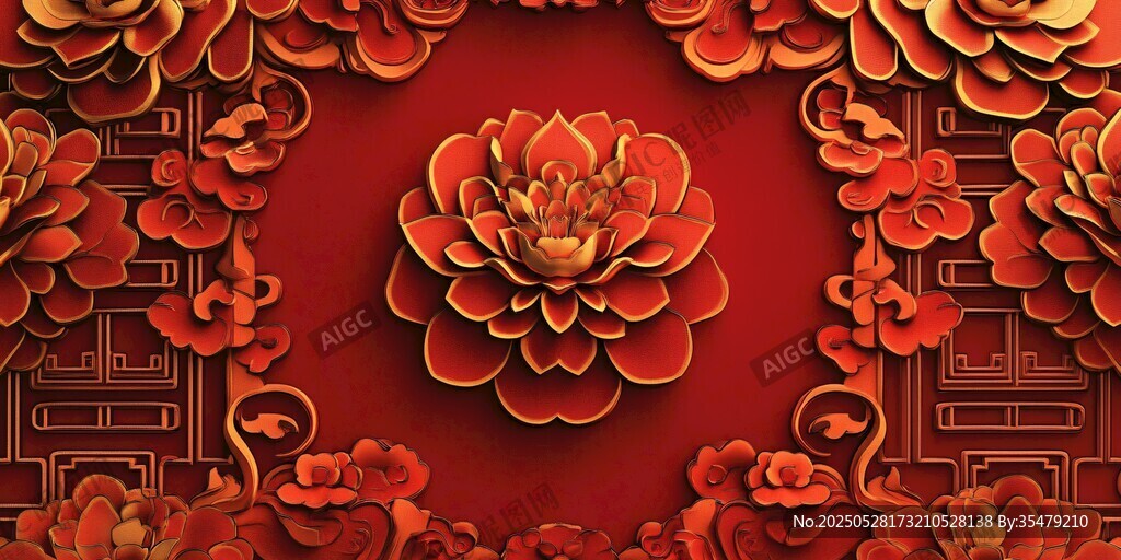 中式紅牡丹雕花裝飾圖案