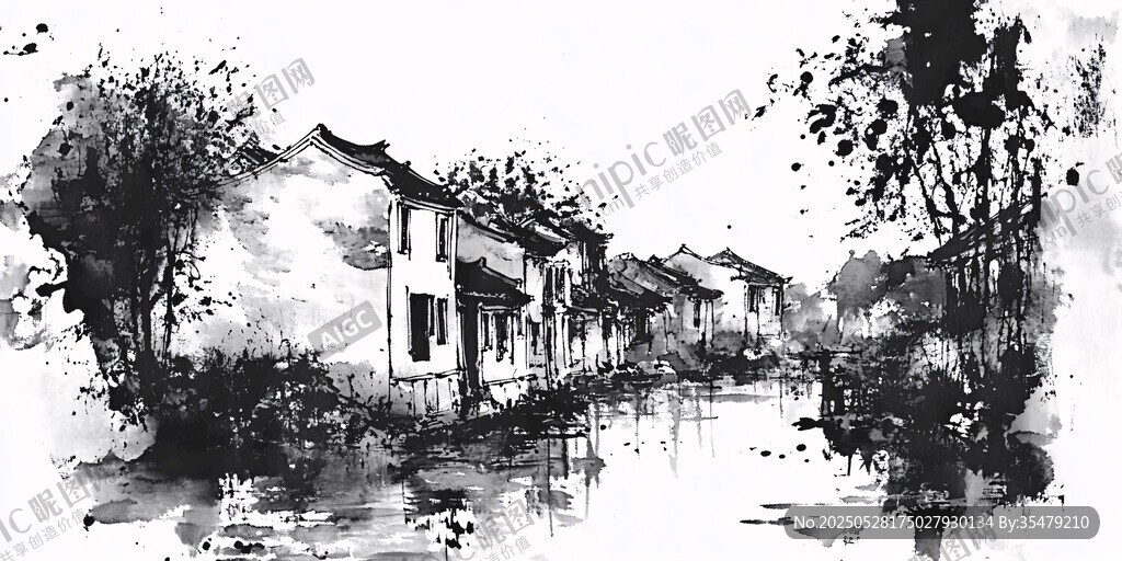 水墨江南水鄉(xiāng)民居風(fēng)景圖