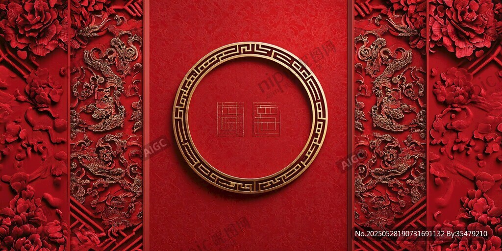 中式紅底金紋典雅裝飾圖