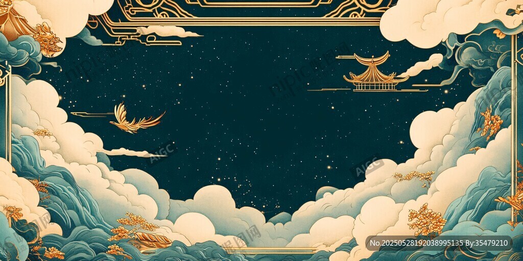 國風(fēng)云海仙鶴中式邊框背景