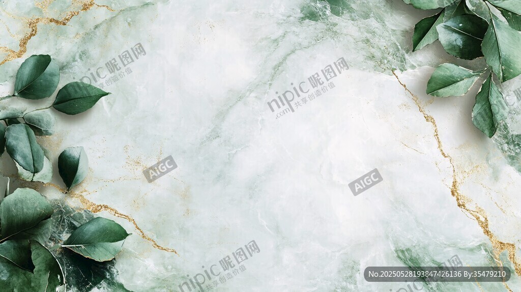 清新綠白大理石與葉片背景