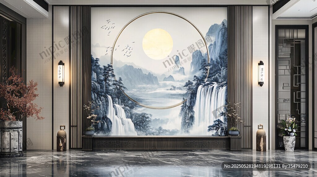 中式山水玄關壁畫意境美