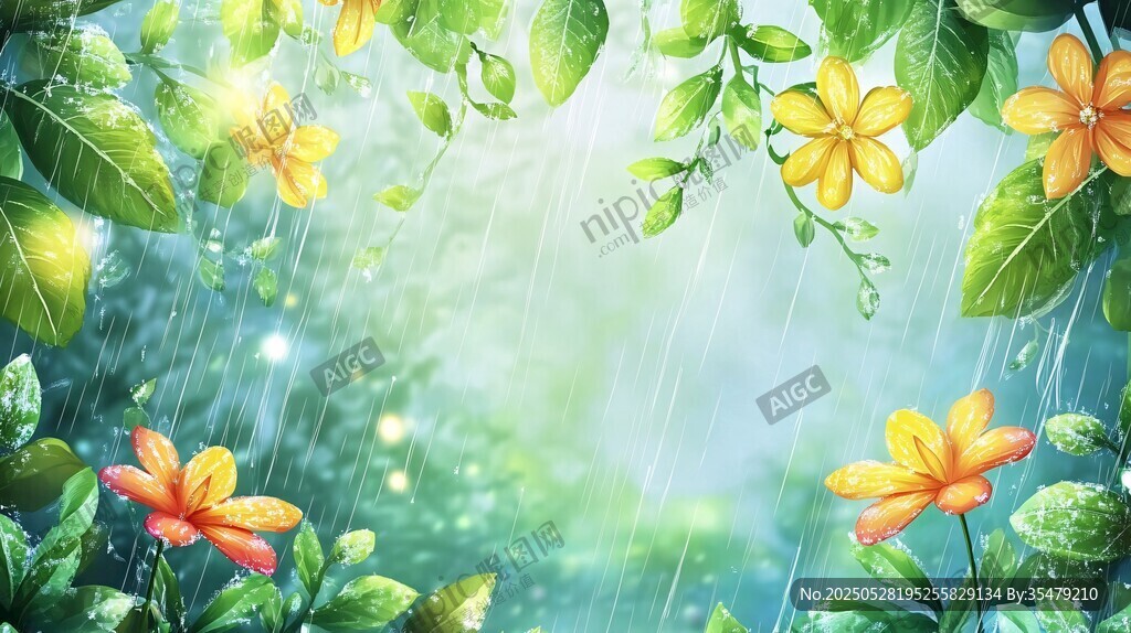 雨中爛漫花朵與翠綠枝葉
