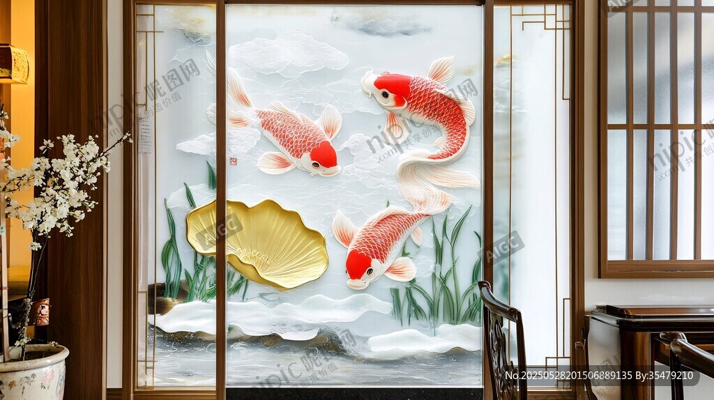 中式屏風(fēng)上的靈動錦鯉圖