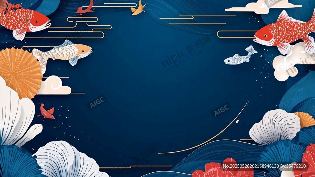中式錦鯉海浪背景圖