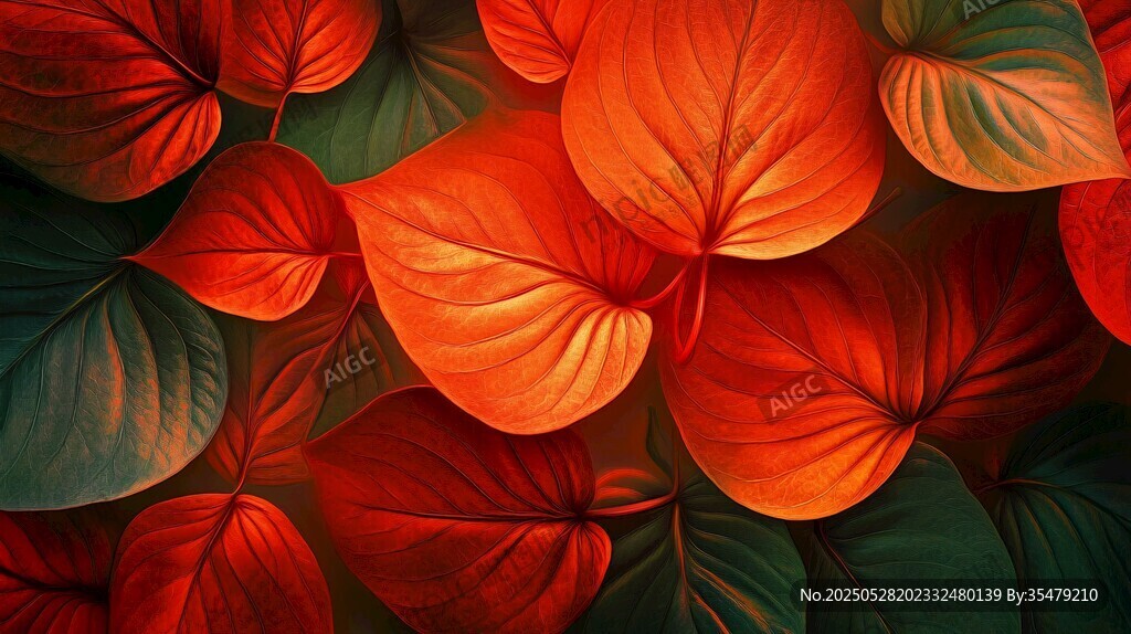 艷麗紅綠葉脈植物圖案