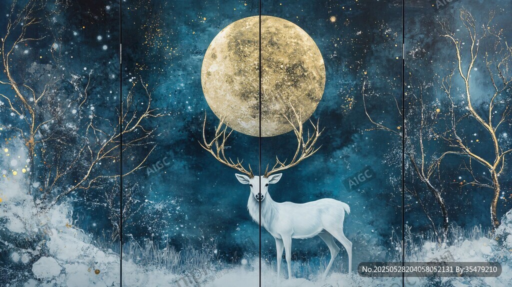 月下白鹿雪林奇幻景象