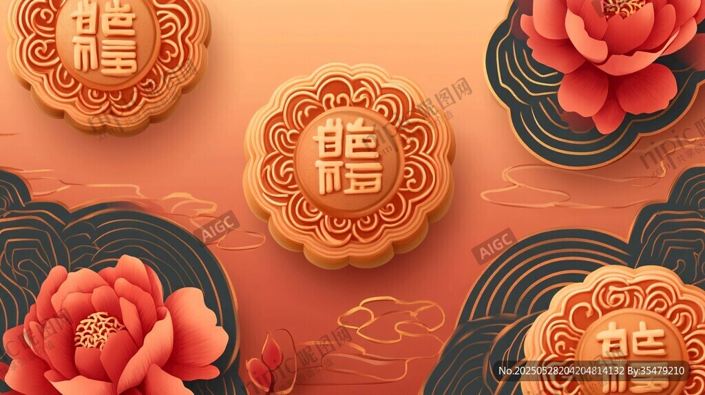 中秋月餅與牡丹國風(fēng)插畫