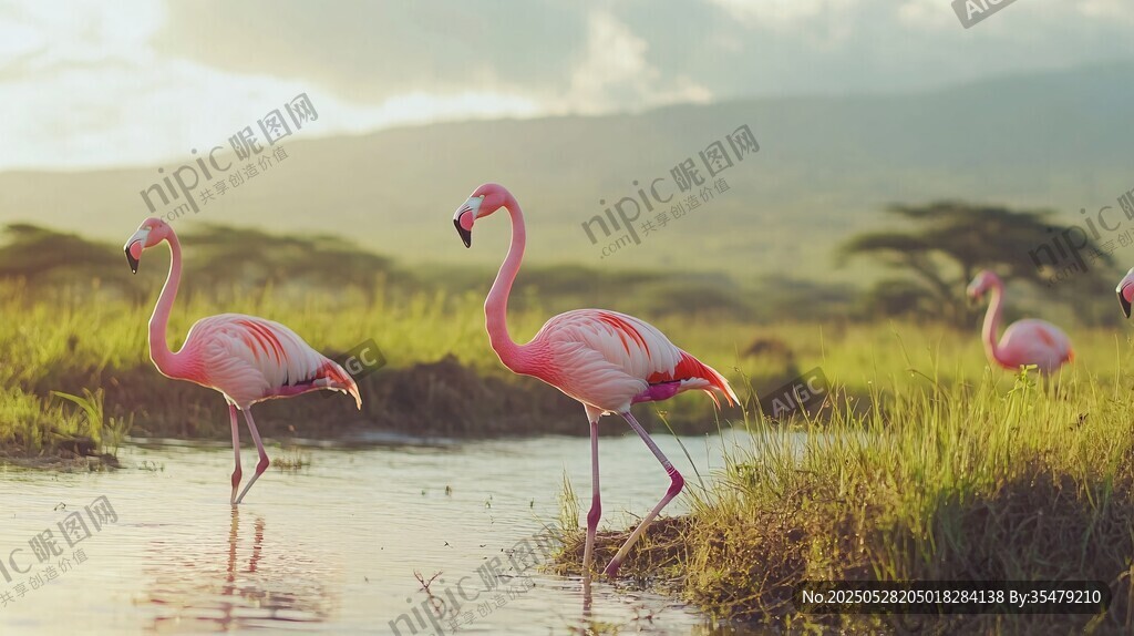 漫步濕地的優雅火烈鳥