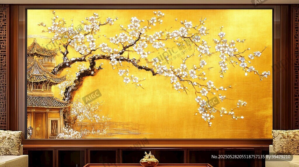 金色梅花古建筑中式壁畫