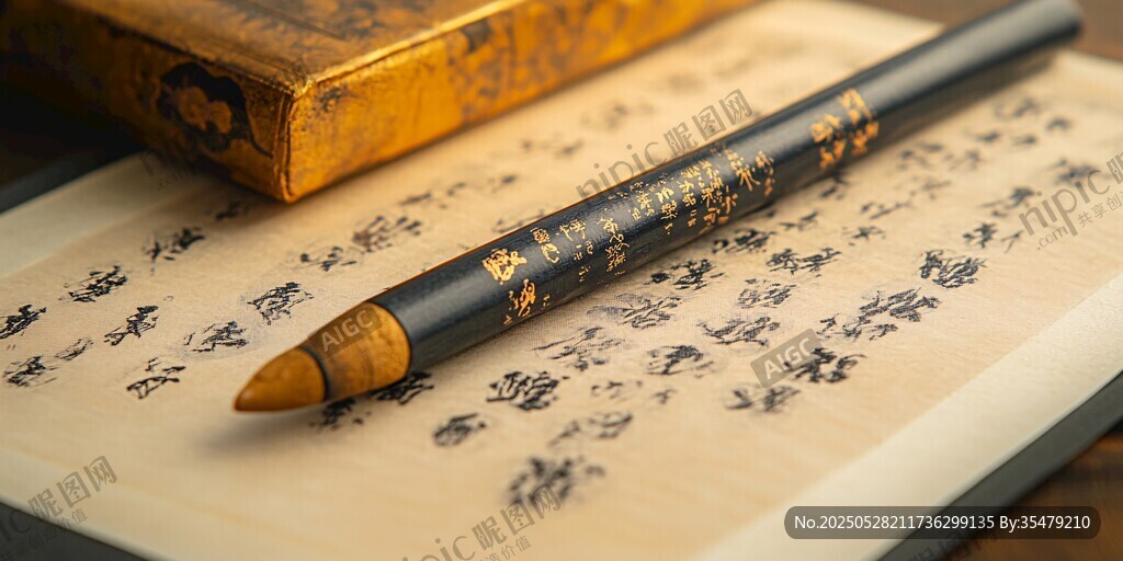 毛筆置于古籍書頁之上