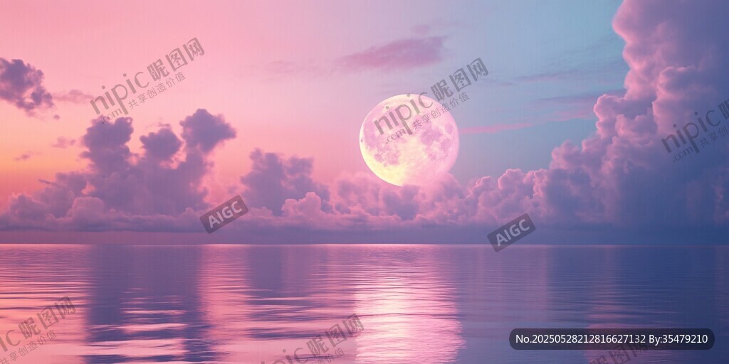 夢幻粉紫天空下的水中圓月
