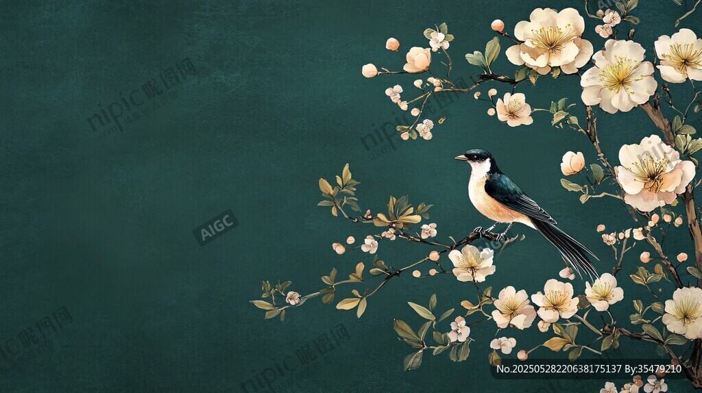 枝頭飛鳥伴繁花