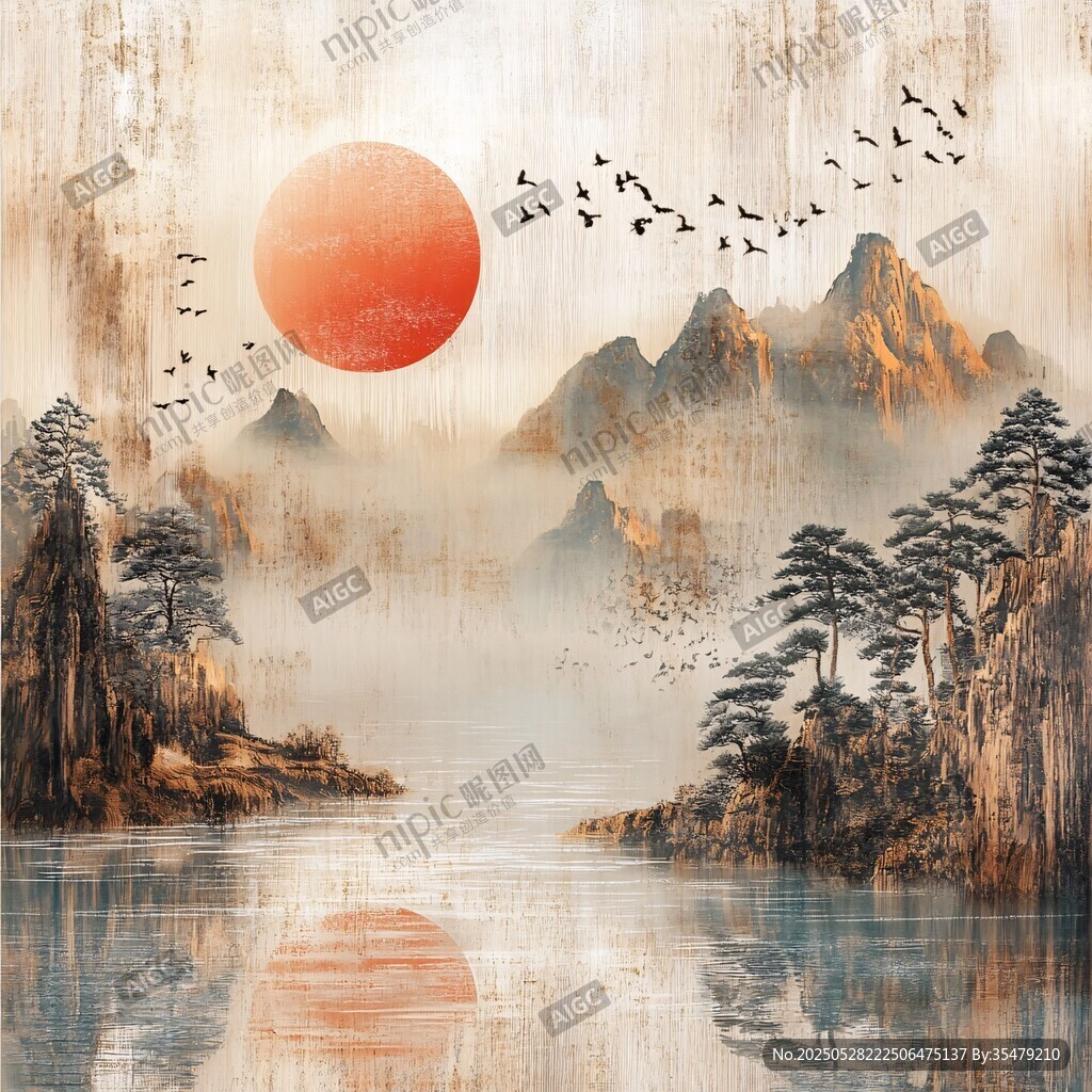 落日群山飛鳥山水意境圖