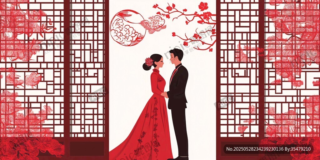 中式浪漫婚禮情侶剪影