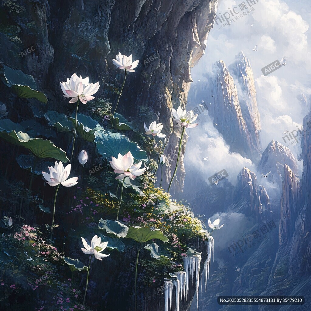 懸崖上綻放的夢幻白蓮花