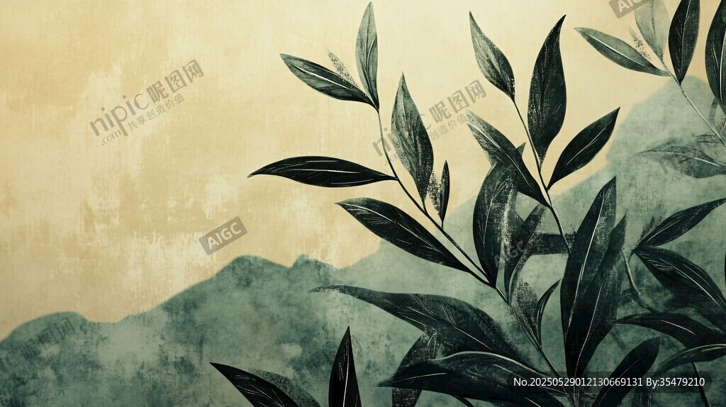 水墨風竹葉與遠山景致