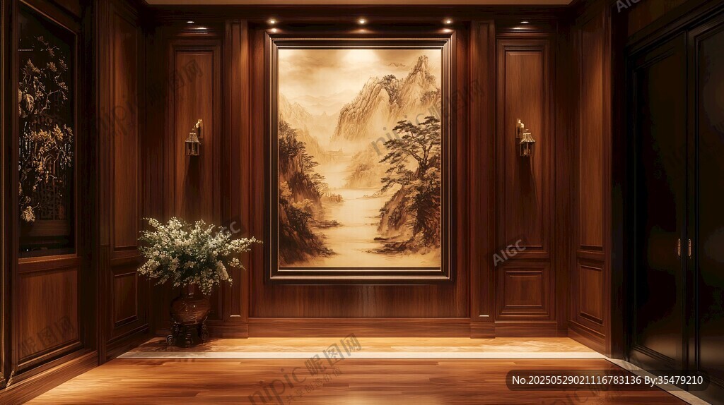 中式典雅玄關(guān) 山水掛畫裝飾