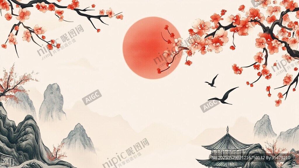 落日紅梅映古亭山水景