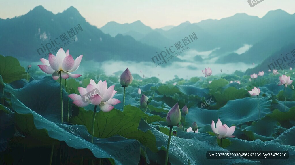 晨霧中的荷塘與遠(yuǎn)山美景