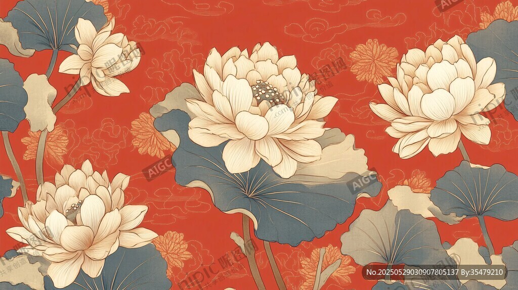 中式紅底荷花雅致圖案