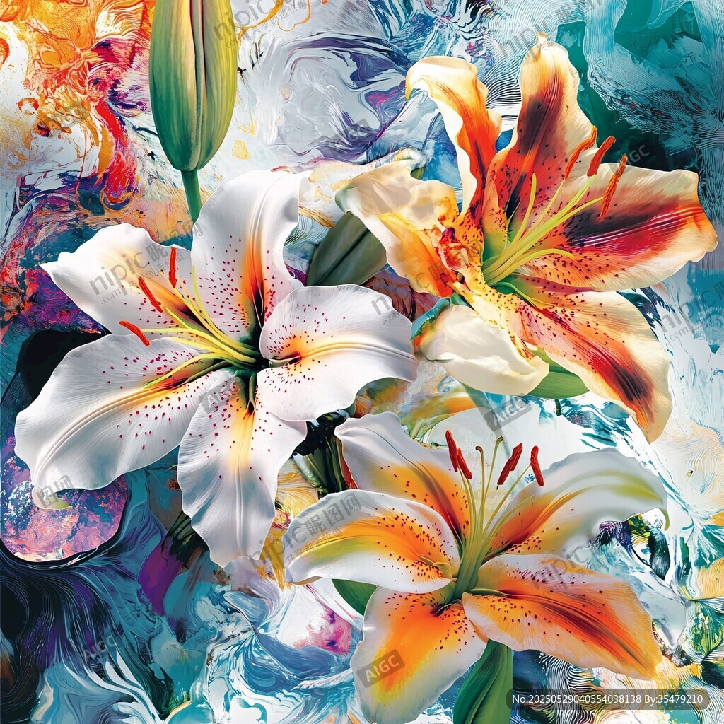 夢幻多彩百合花藝術插畫