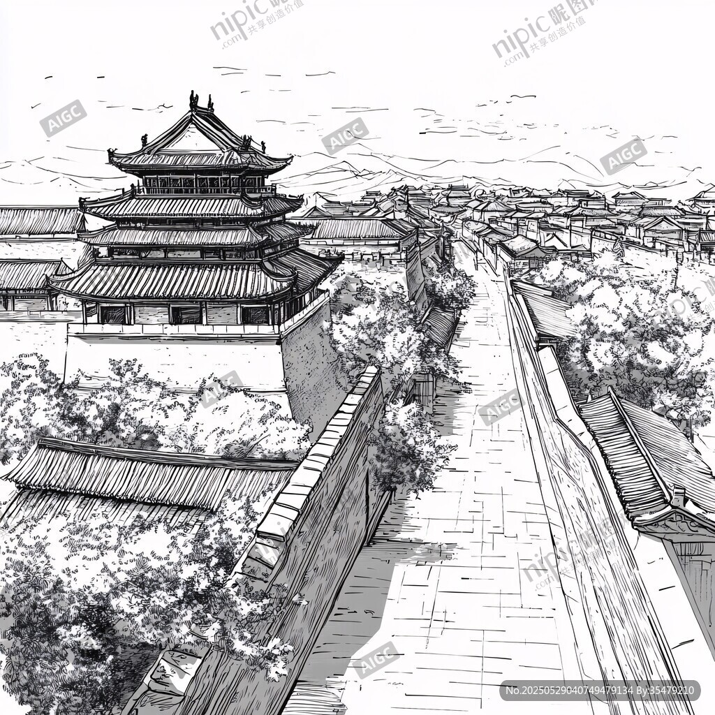 古城墻邊的中式古建筑風景