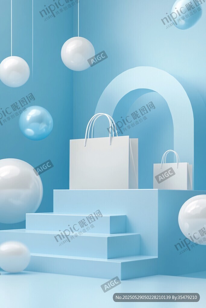 藍(lán)色空間中的購(gòu)物袋展示