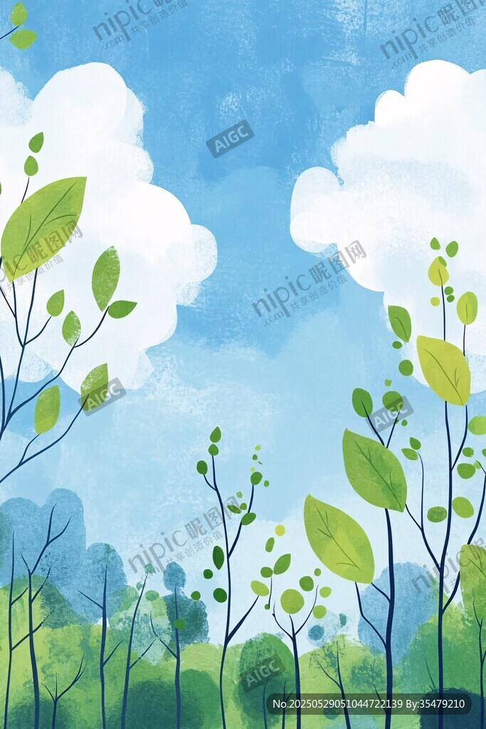清新春日樹林藍天白云景
