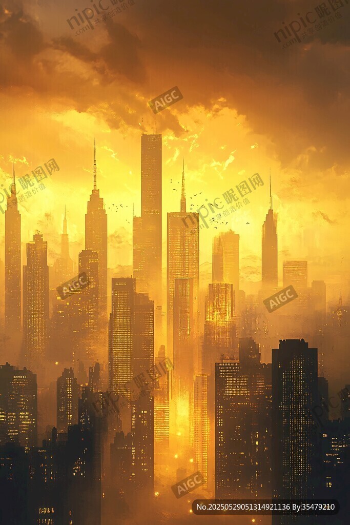 黃昏下的夢幻都市天際線