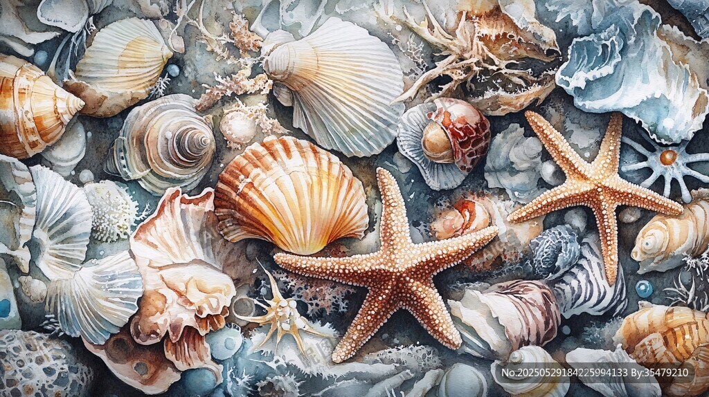 多彩貝殼與海星的海洋圖景
