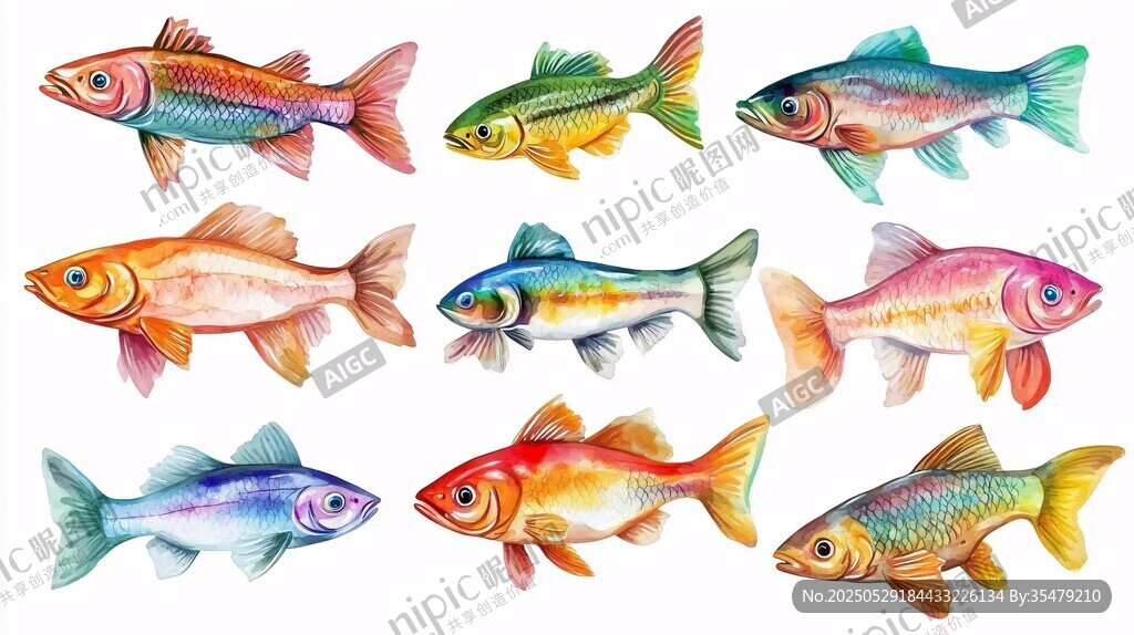 多彩水彩魚群繪畫作品