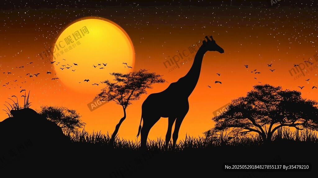 夕陽下長頸鹿的草原剪影