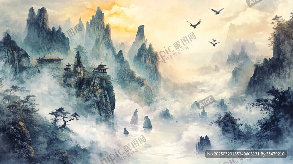 水墨山水間飛鳥(niǎo)伴云霧