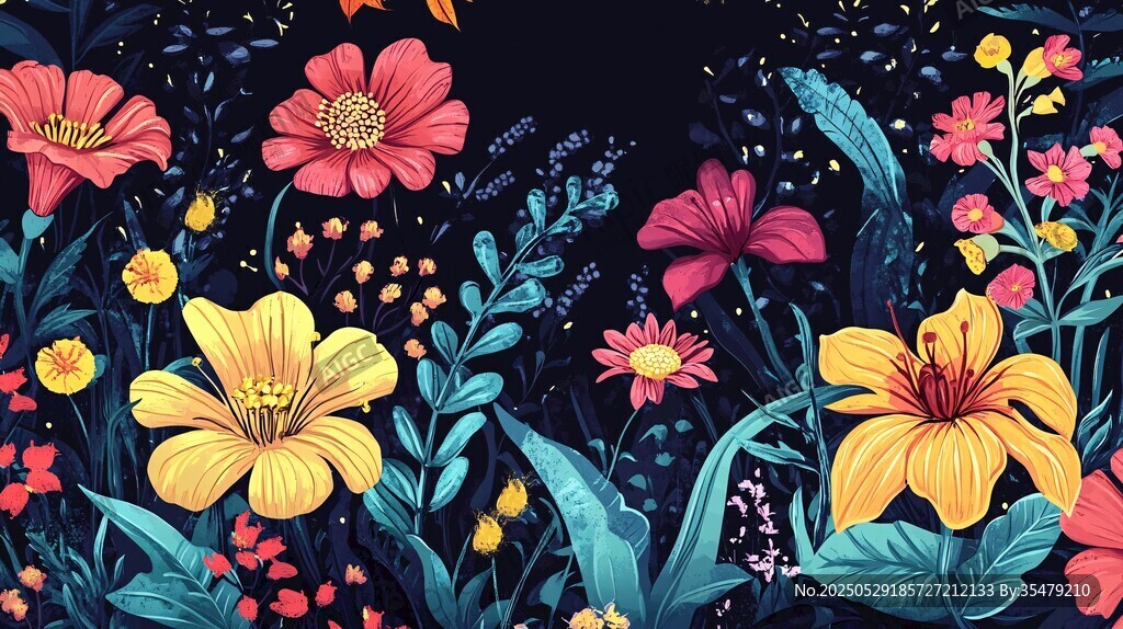 夜下繁花絢爛插畫